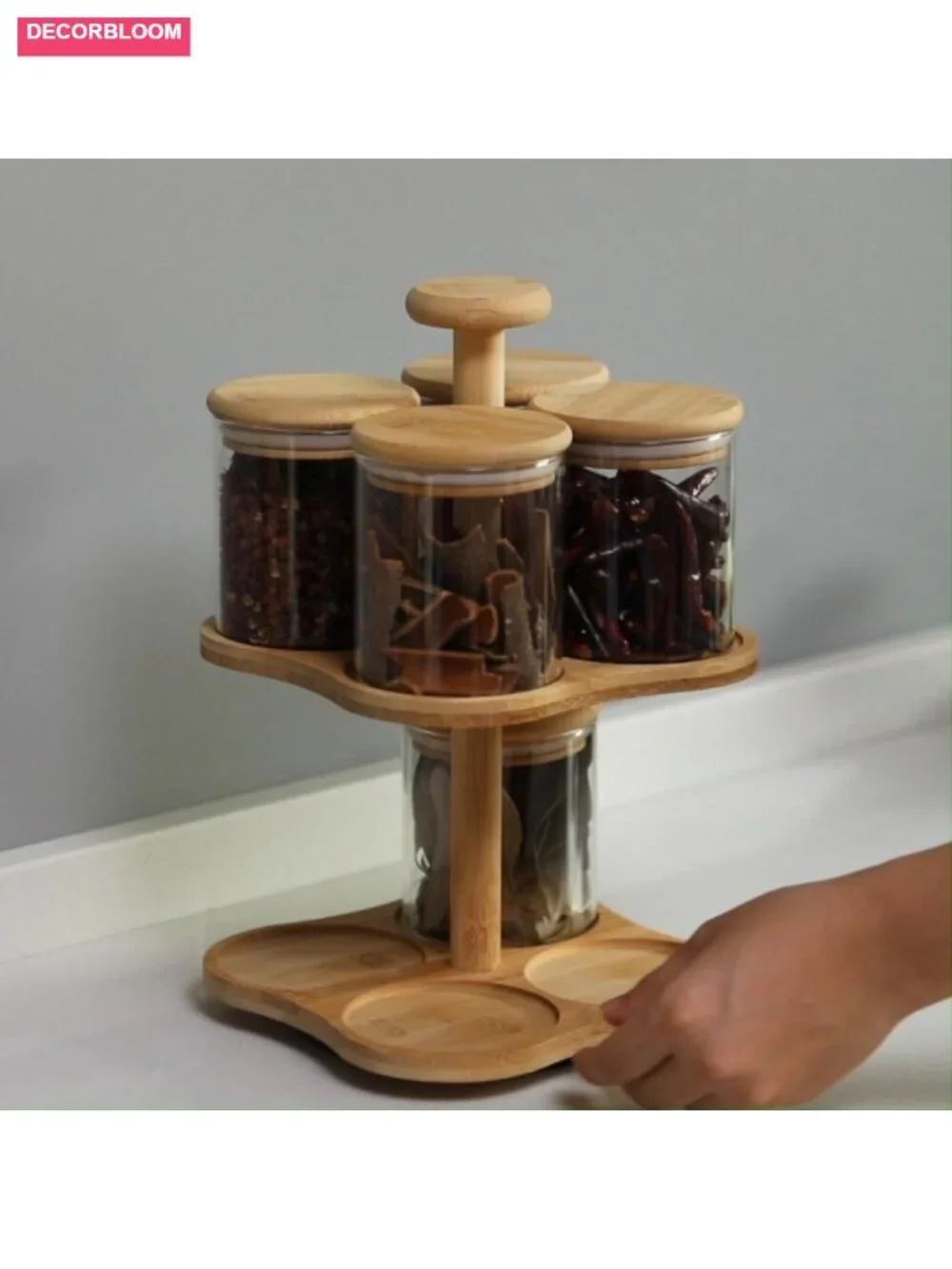 Two-Tier Bamboo Lazy Susan Turntable with 8 Airtight Glass Jars Spice Rack
